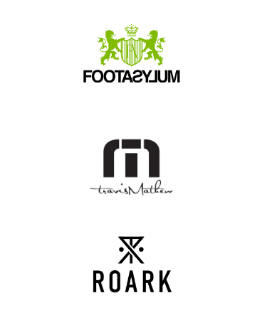 Logos for Foot Asylum, Travis Mathew, and Roark