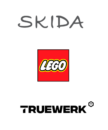 Logos for Skida, Lego, and TrueWerk